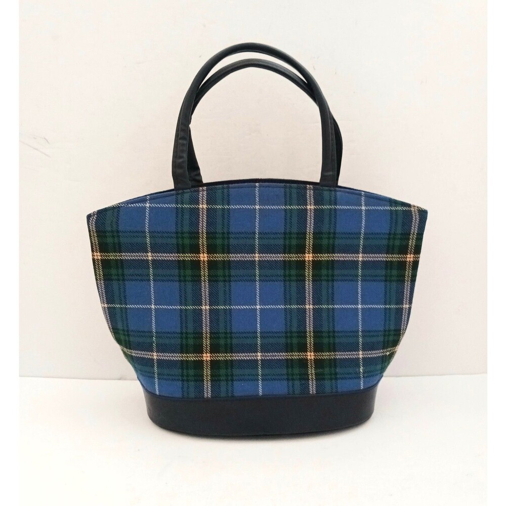 VTG 60s Preppy Blue Green Plaid Top Handle Bag Navy Trim